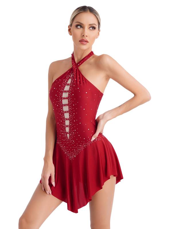 Women Glittery Rhinestones Sleeveless Figure Skating Leotard Dress thumb