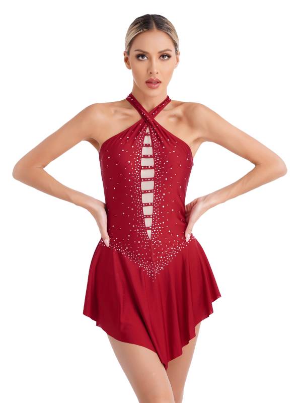 Women Glittery Rhinestones Sleeveless Figure Skating Leotard Dress thumb
