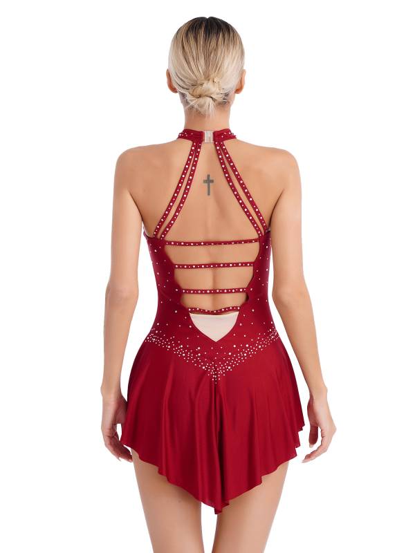 Women Glittery Rhinestones Sleeveless Figure Skating Leotard Dress thumb