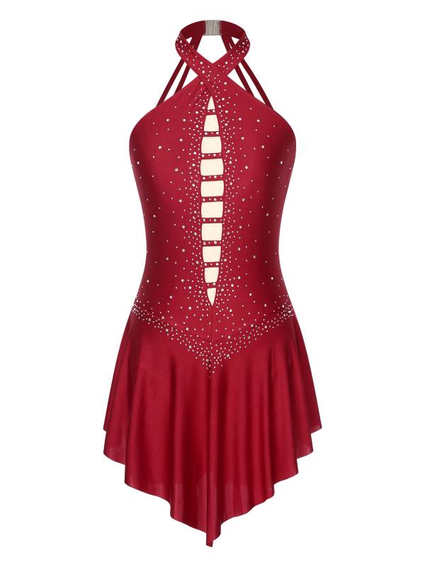 Women Glittery Rhinestones Sleeveless Figure Skating Leotard Dress thumb