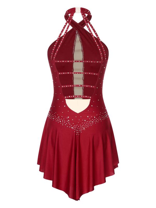 Women Glittery Rhinestones Sleeveless Figure Skating Leotard Dress thumb