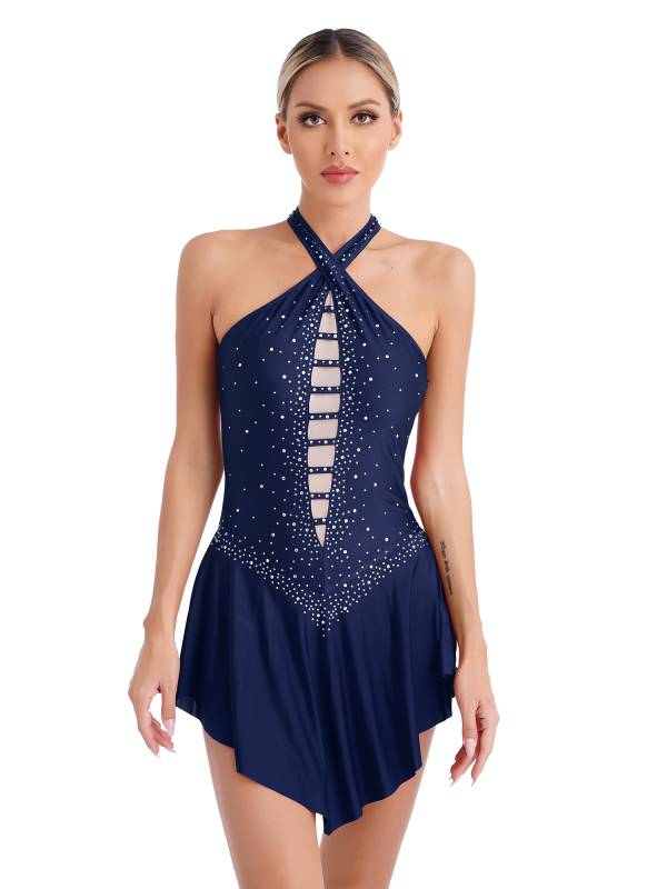 Women Glittery Rhinestones Sleeveless Figure Skating Leotard Dress thumb