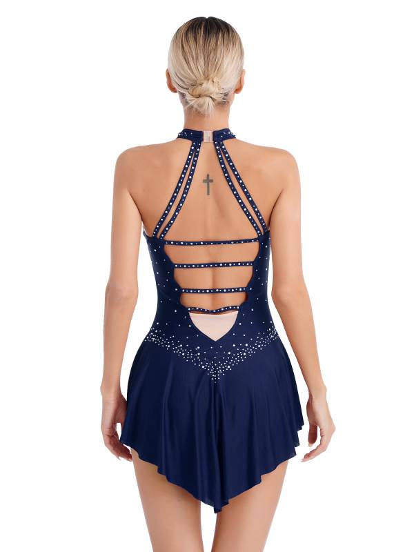 Women Glittery Rhinestones Sleeveless Figure Skating Leotard Dress thumb
