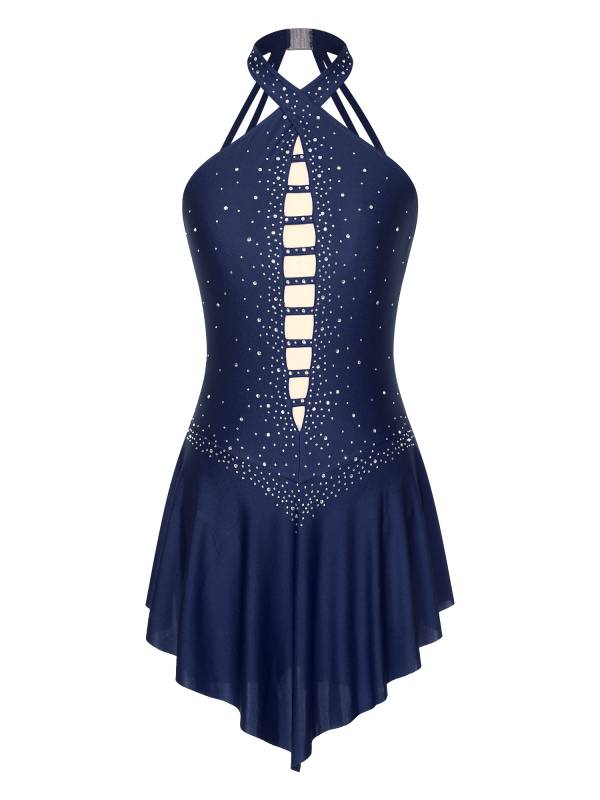 Women Glittery Rhinestones Sleeveless Figure Skating Leotard Dress thumb