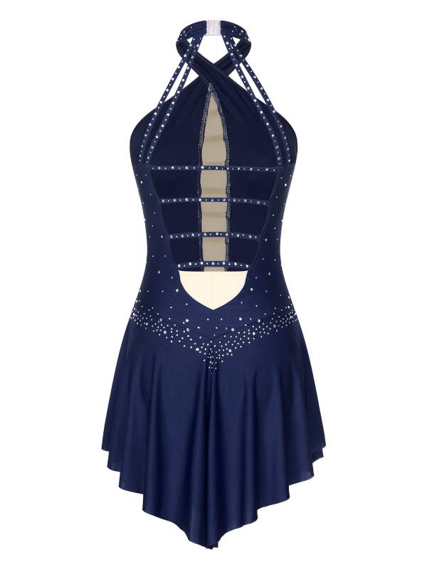Women Glittery Rhinestones Sleeveless Figure Skating Leotard Dress thumb
