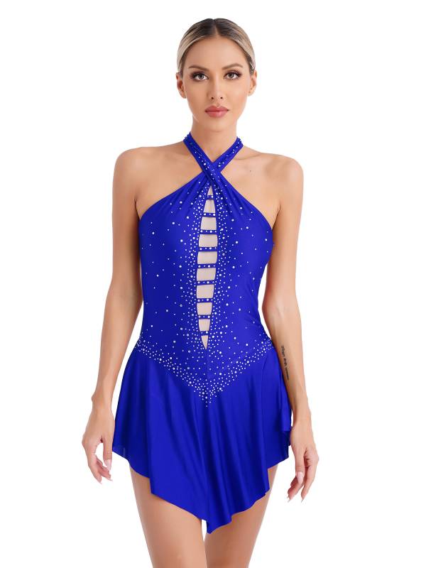 Women Glittery Rhinestones Sleeveless Figure Skating Leotard Dress thumb