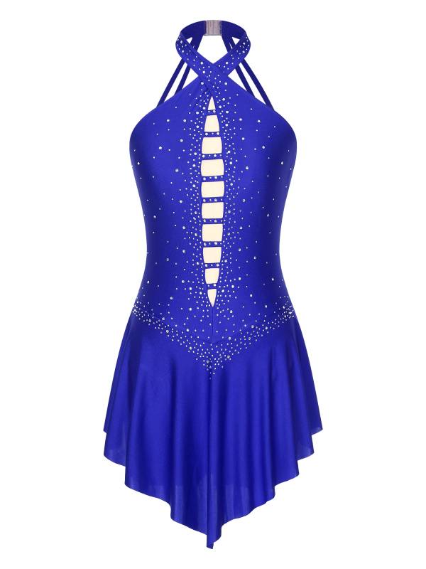 Women Glittery Rhinestones Sleeveless Figure Skating Leotard Dress thumb