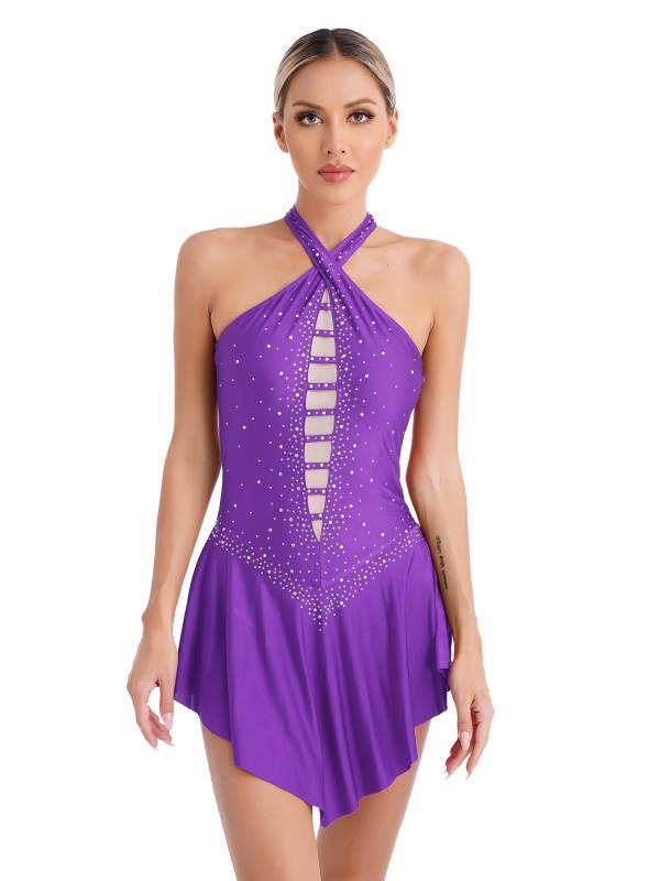 Women Glittery Rhinestones Sleeveless Figure Skating Leotard Dress thumb