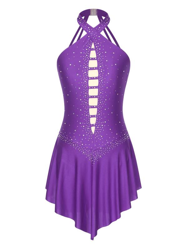 Women Glittery Rhinestones Sleeveless Figure Skating Leotard Dress thumb
