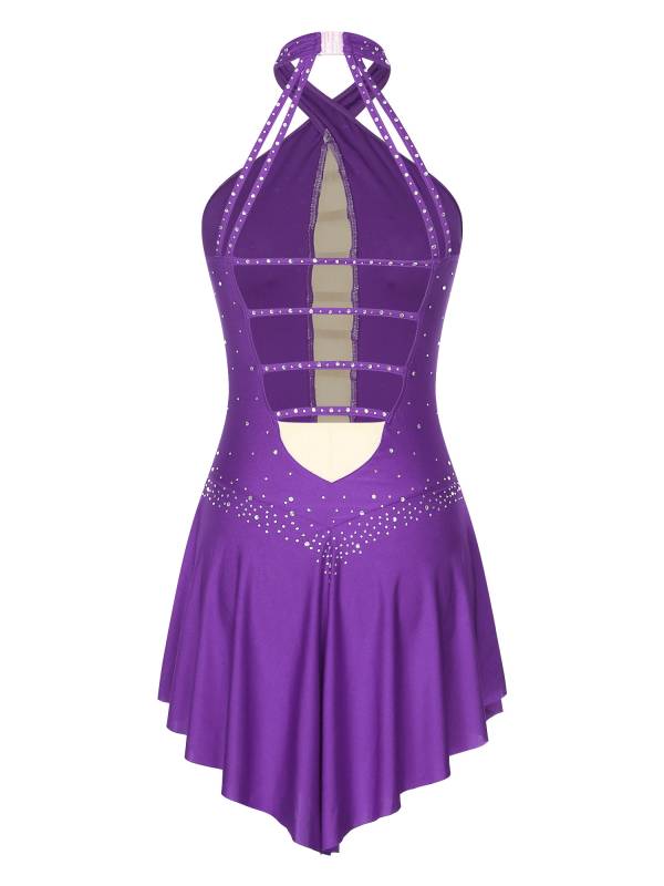 Women Glittery Rhinestones Sleeveless Figure Skating Leotard Dress thumb