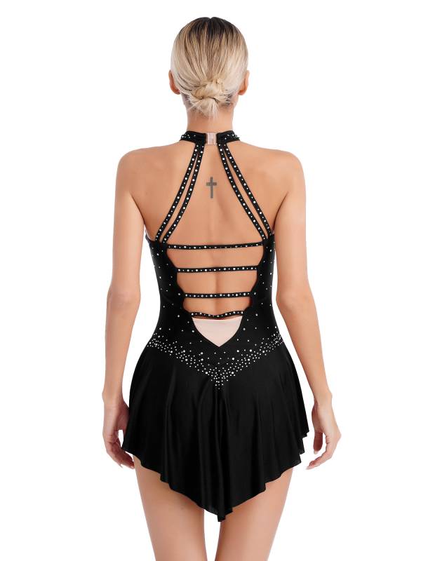Women Glittery Rhinestones Sleeveless Figure Skating Leotard Dress thumb
