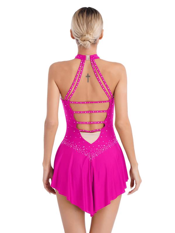 Women Glittery Rhinestones Sleeveless Figure Skating Leotard Dress thumb
