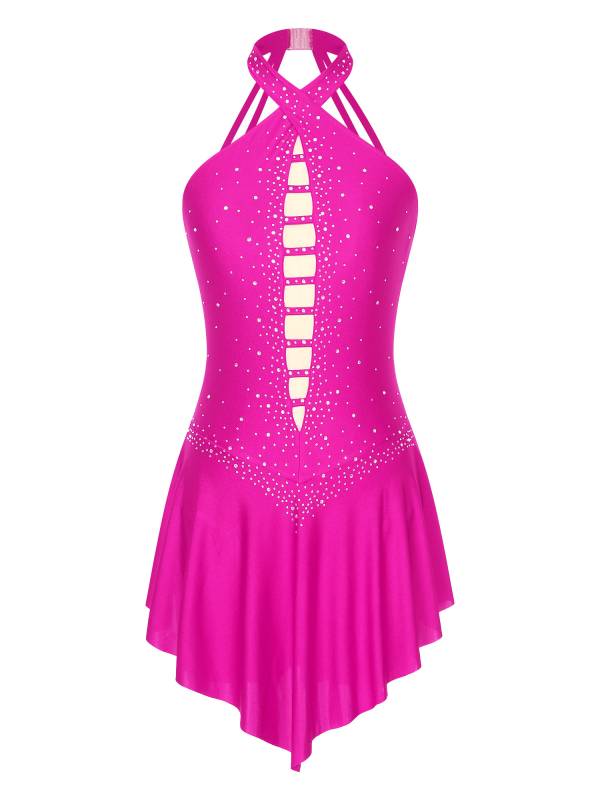 Women Glittery Rhinestones Sleeveless Figure Skating Leotard Dress thumb