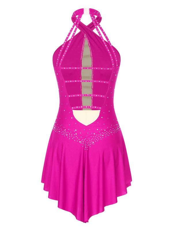 Women Glittery Rhinestones Sleeveless Figure Skating Leotard Dress thumb