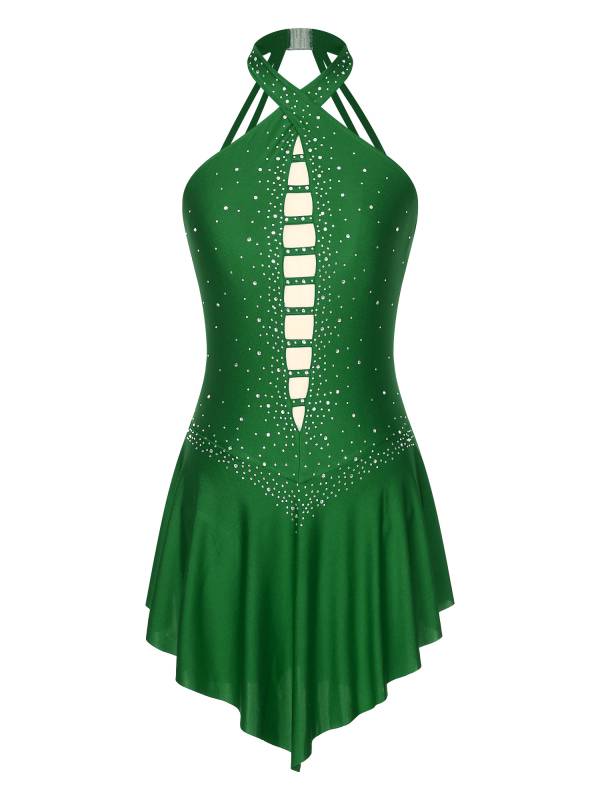 Women Glittery Rhinestones Sleeveless Figure Skating Leotard Dress thumb