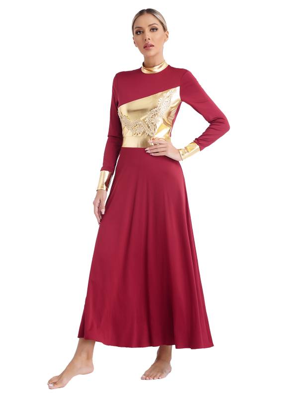 Women Metallic Long Sleeve Liturgical Praise Dance Midi Dress thumb