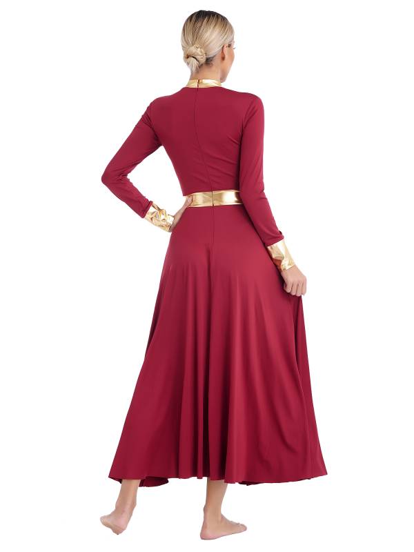 Women Metallic Long Sleeve Liturgical Praise Dance Midi Dress thumb