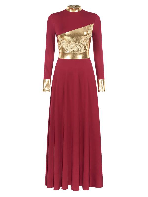 Women Metallic Long Sleeve Liturgical Praise Dance Midi Dress thumb
