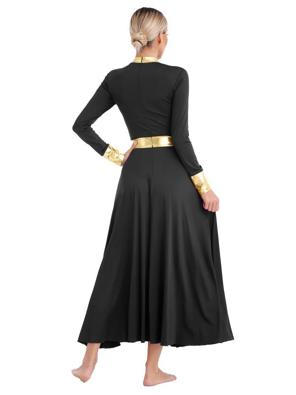 Women Metallic Long Sleeve Liturgical Praise Dance Midi Dress thumb