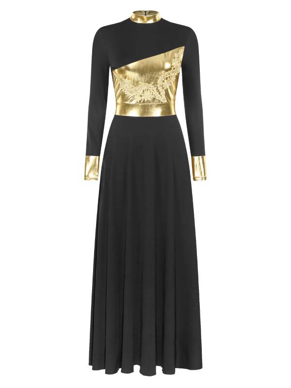 Women Metallic Long Sleeve Liturgical Praise Dance Midi Dress thumb