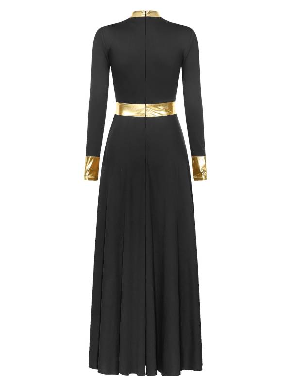 Women Metallic Long Sleeve Liturgical Praise Dance Midi Dress thumb