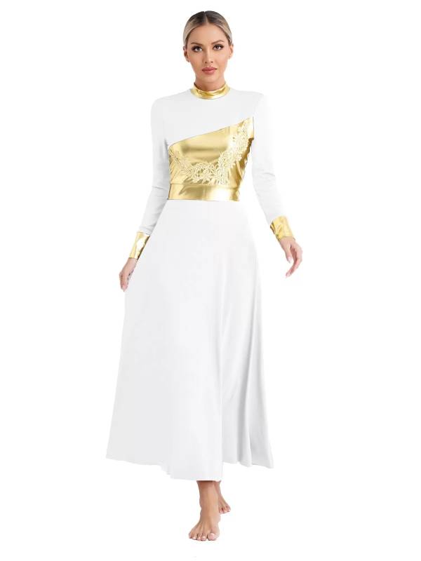 Women Metallic Long Sleeve Liturgical Praise Dance Midi Dress thumb