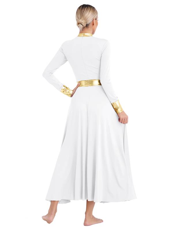 Women Metallic Long Sleeve Liturgical Praise Dance Midi Dress thumb