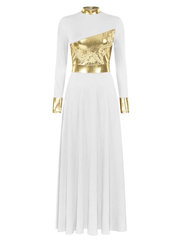 Women Metallic Long Sleeve Liturgical Praise Dance Midi Dress thumb
