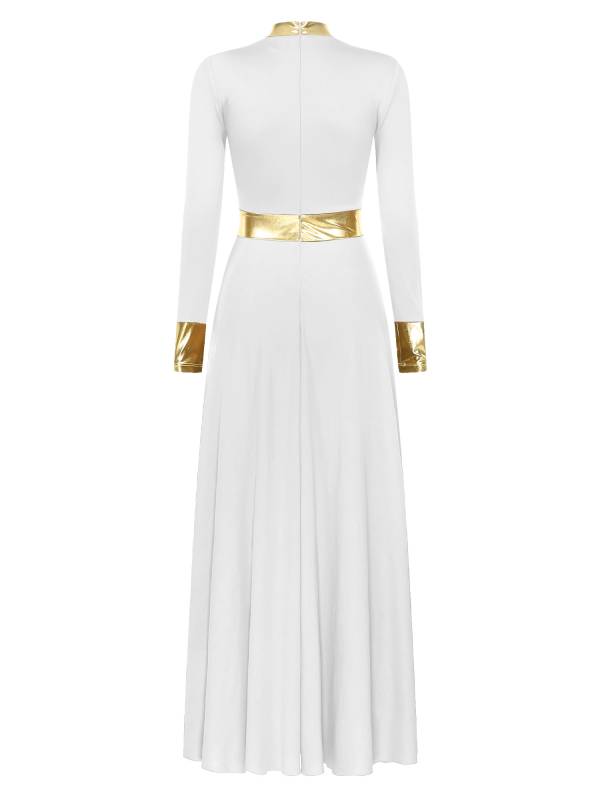 Women Metallic Long Sleeve Liturgical Praise Dance Midi Dress thumb