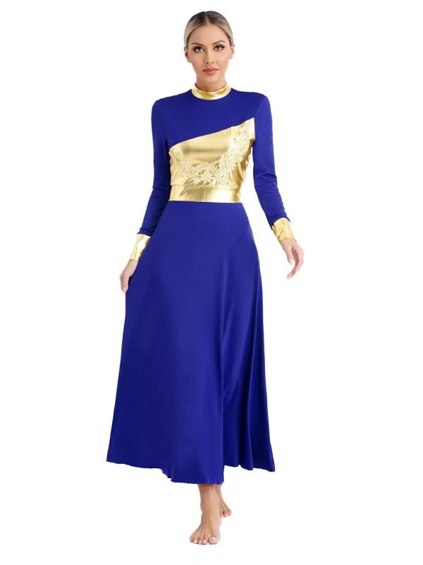 Women Metallic Long Sleeve Liturgical Praise Dance Midi Dress thumb