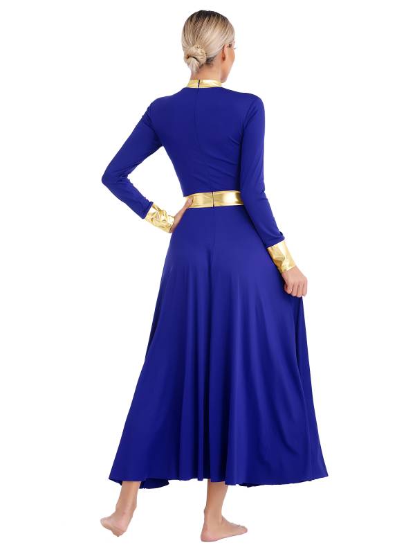 Women Metallic Long Sleeve Liturgical Praise Dance Midi Dress thumb