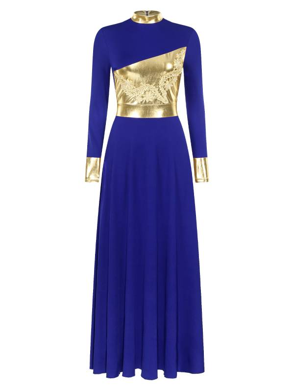 Women Metallic Long Sleeve Liturgical Praise Dance Midi Dress thumb