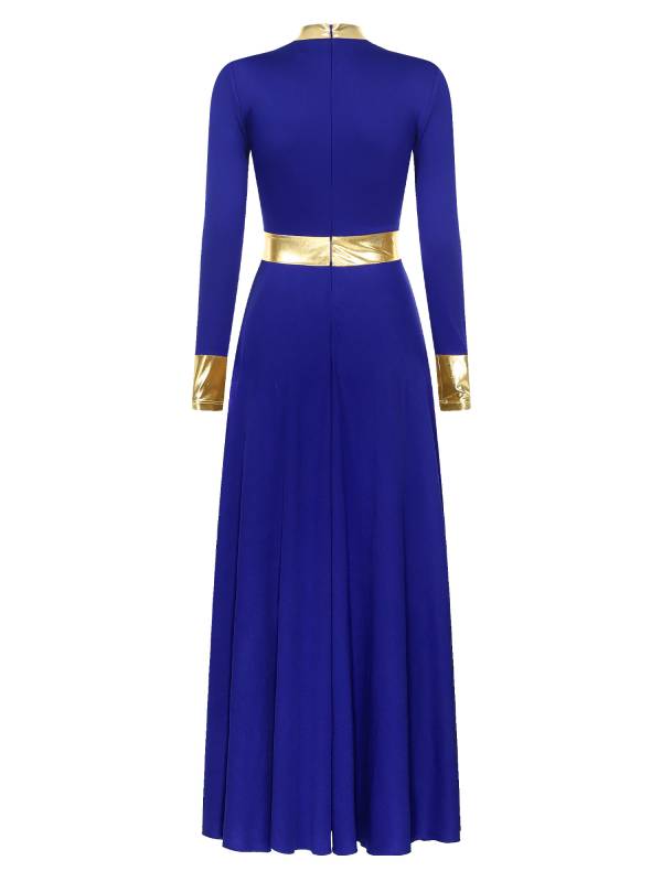 Women Metallic Long Sleeve Liturgical Praise Dance Midi Dress thumb
