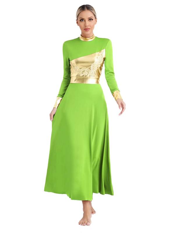 Women Metallic Long Sleeve Liturgical Praise Dance Midi Dress thumb