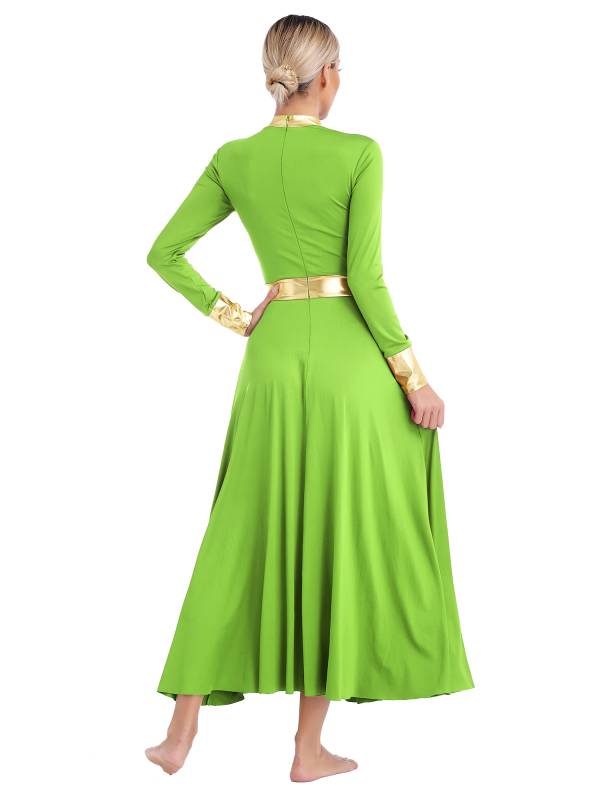 Women Metallic Long Sleeve Liturgical Praise Dance Midi Dress thumb
