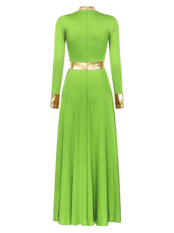 Women Metallic Long Sleeve Liturgical Praise Dance Midi Dress thumb