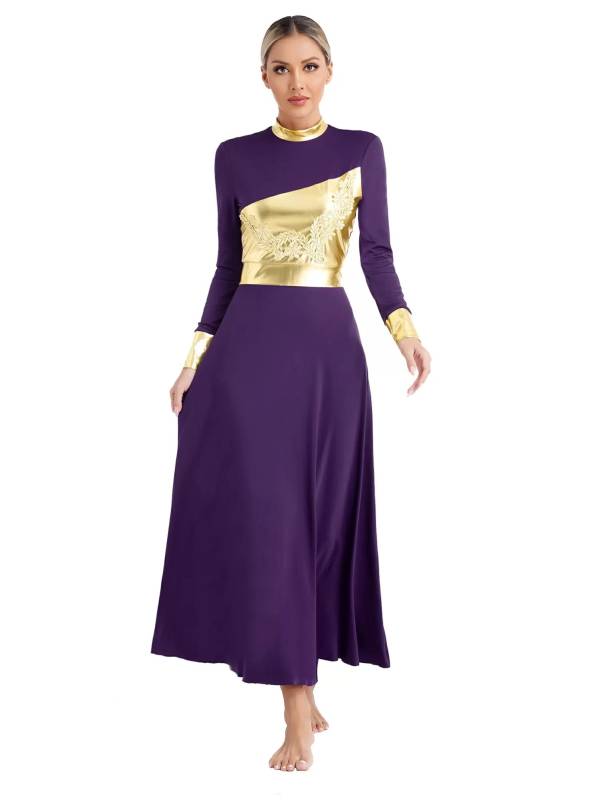 Women Metallic Long Sleeve Liturgical Praise Dance Midi Dress thumb
