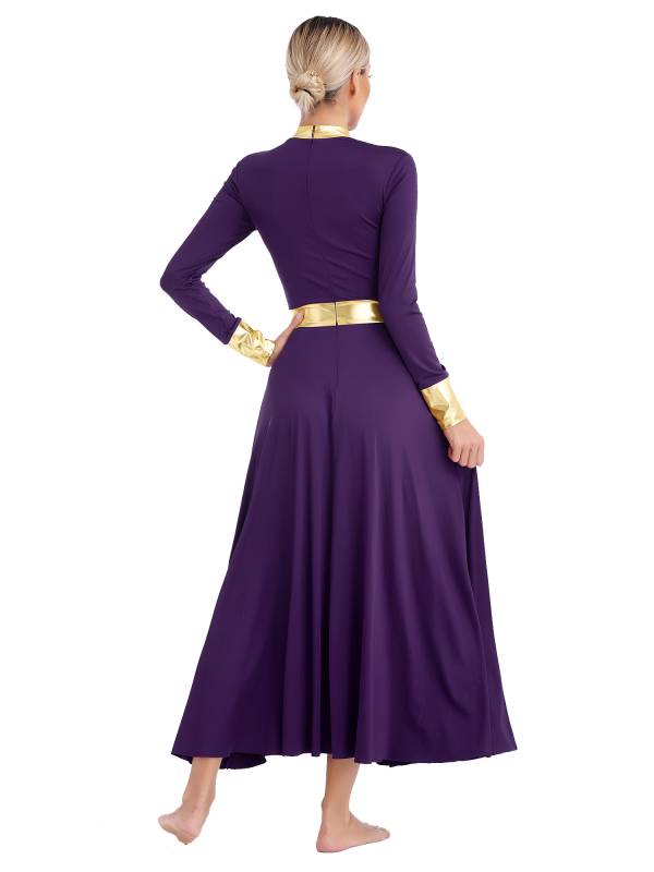 Women Metallic Long Sleeve Liturgical Praise Dance Midi Dress thumb