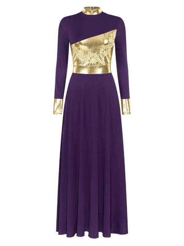Women Metallic Long Sleeve Liturgical Praise Dance Midi Dress thumb