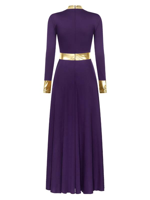 Women Metallic Long Sleeve Liturgical Praise Dance Midi Dress thumb