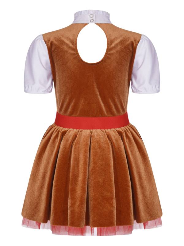 Kids Girls Christmas Gingerbread Man Costume Short Sleeve Velvet Tutu Dress thumb