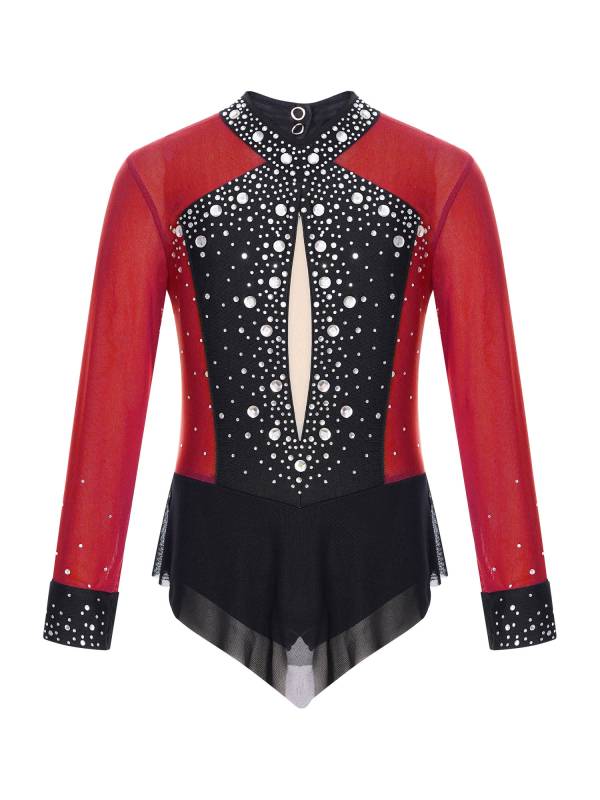 Kids Girls Long Sleeve Rhinestones Color Block Mesh Figure Skating Leotard thumb