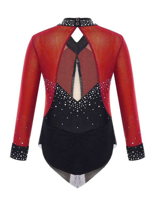 Kids Girls Long Sleeve Rhinestones Color Block Mesh Figure Skating Leotard thumb