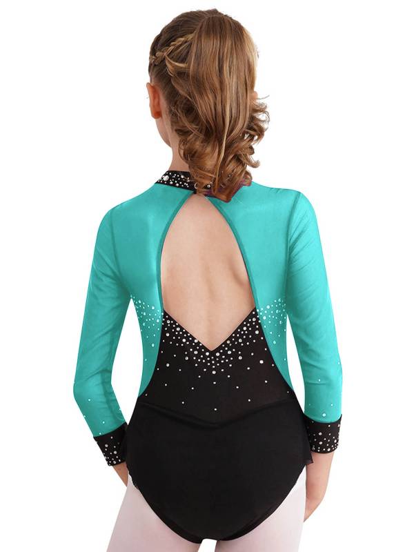 Kids Girls Long Sleeve Rhinestones Color Block Mesh Figure Skating Leotard thumb