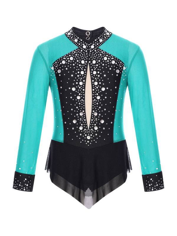 Kids Girls Long Sleeve Rhinestones Color Block Mesh Figure Skating Leotard thumb