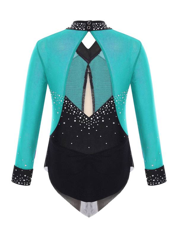 Kids Girls Long Sleeve Rhinestones Color Block Mesh Figure Skating Leotard thumb