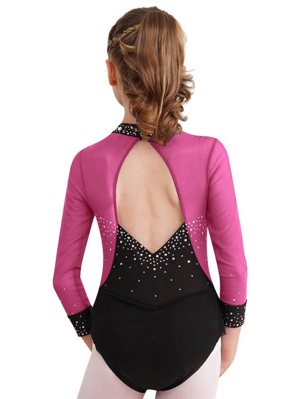 Kids Girls Long Sleeve Rhinestones Color Block Mesh Figure Skating Leotard thumb