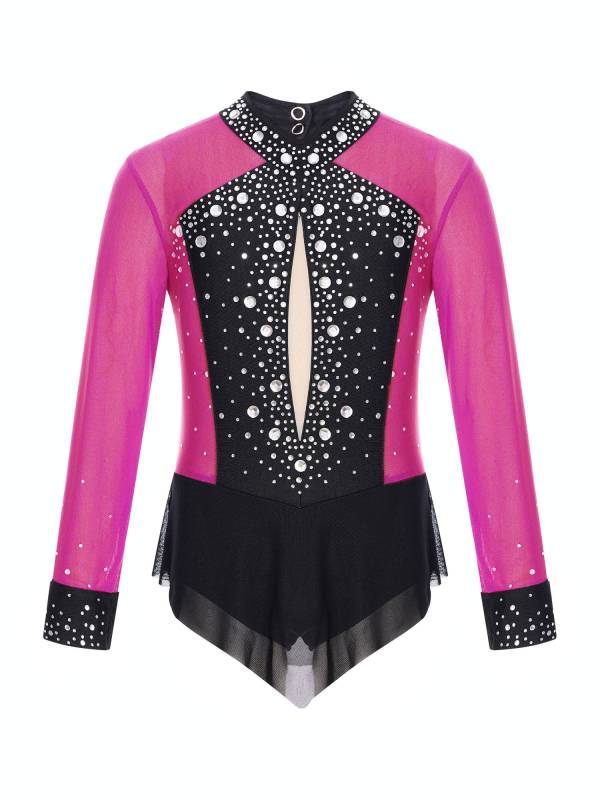 Kids Girls Long Sleeve Rhinestones Color Block Mesh Figure Skating Leotard thumb