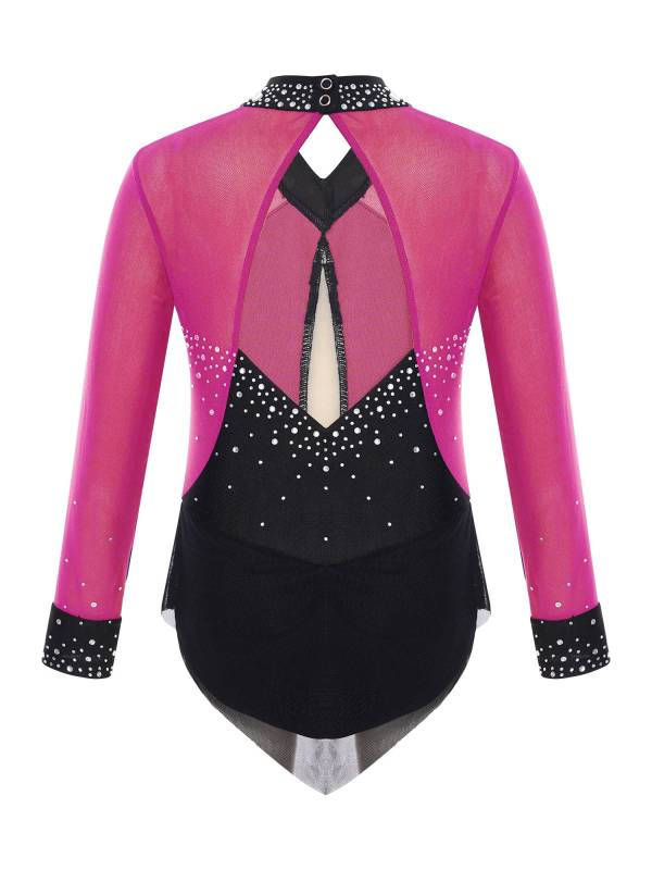 Kids Girls Long Sleeve Rhinestones Color Block Mesh Figure Skating Leotard thumb