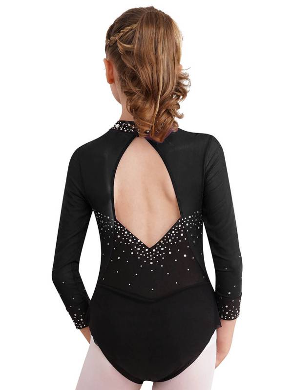 Kids Girls Long Sleeve Rhinestones Color Block Mesh Figure Skating Leotard thumb